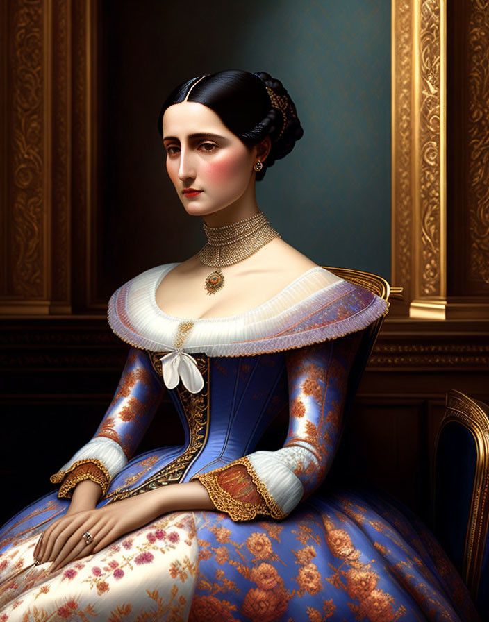 Victorian-era woman portrait in blue and gold dress with pearl choker