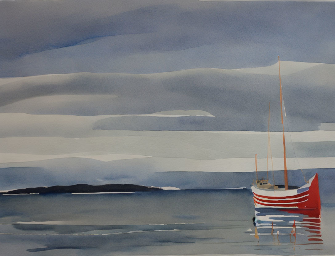 Serene Blue Seascape Watercolor Painting with Red and White Boat