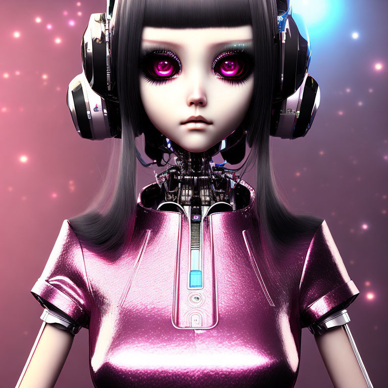 Humanoid Robot in Metallic Pink Dress with Purple Eyes and Headphones