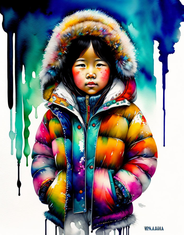 Colorful Watercolor Painting of Child in Winter Jacket on White Background