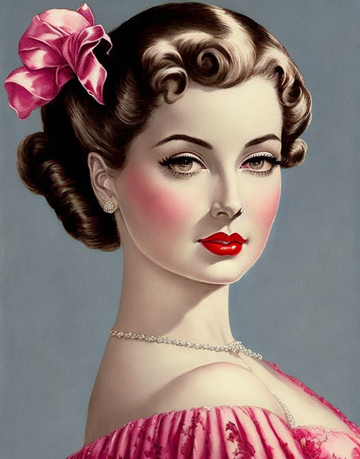 Vintage Style Woman Illustration with Pink Bow and Red Lipstick