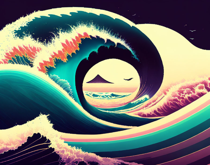 Colorful Stylized Wave Illustration with Mountain Silhouette