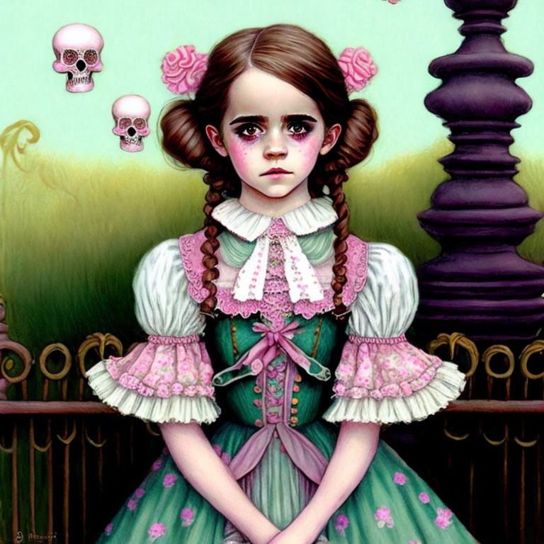 Dark-haired girl in Victorian attire with braided pigtails, flanked by small skulls on green