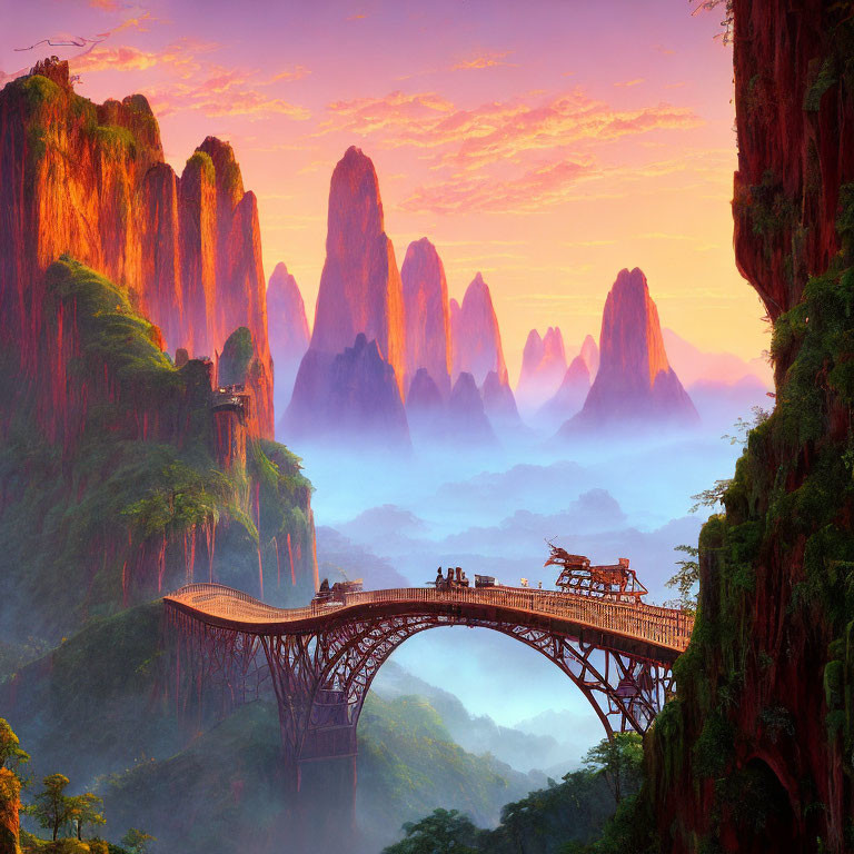 Majestic sunrise landscape with rock formations, mist, greenery, and ornate bridge.