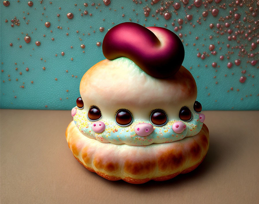 Anthropomorphic dessert with purple dollop and cute eyes