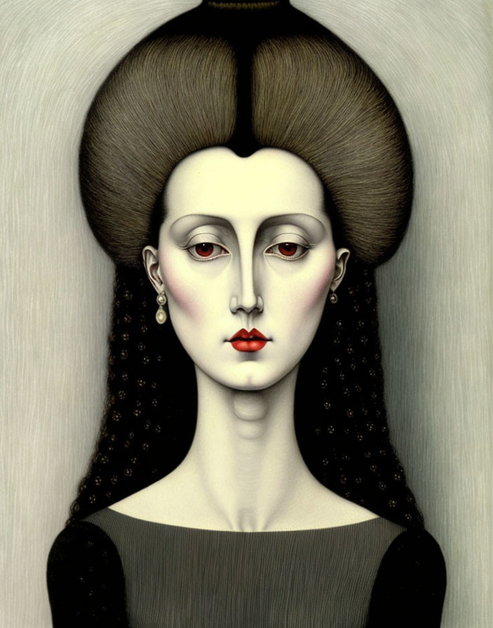 Stylized portrait of woman with large dark hairstyle, pale skin, red lips, somber expression