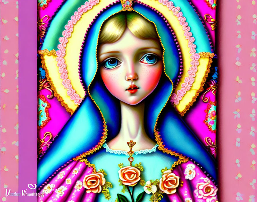 Colorful digital artwork: stylized female figure in ornate clothing on pink background