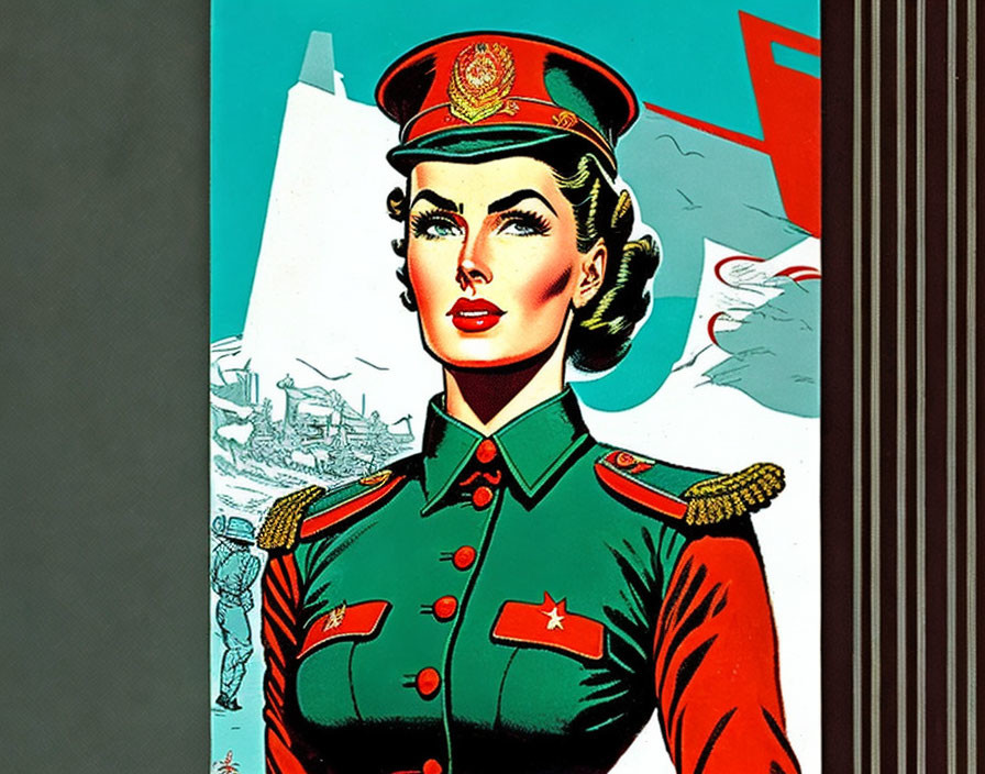 Vintage-style illustration of a woman in military uniform with red star cap on split background.