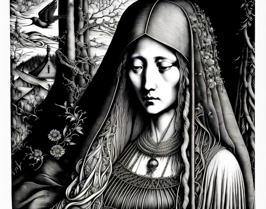 Monochrome illustration of serene woman with veiled head and intricate necklace in nature scene.