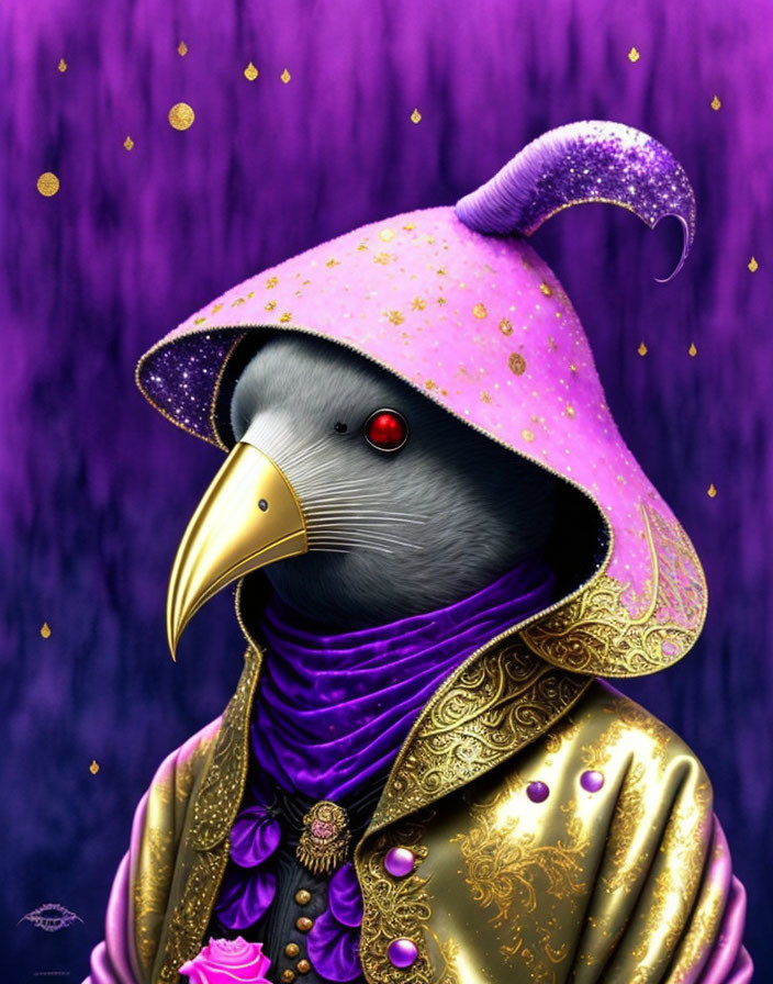 Bird with human-like body in purple coat and hat with gold accents illustration