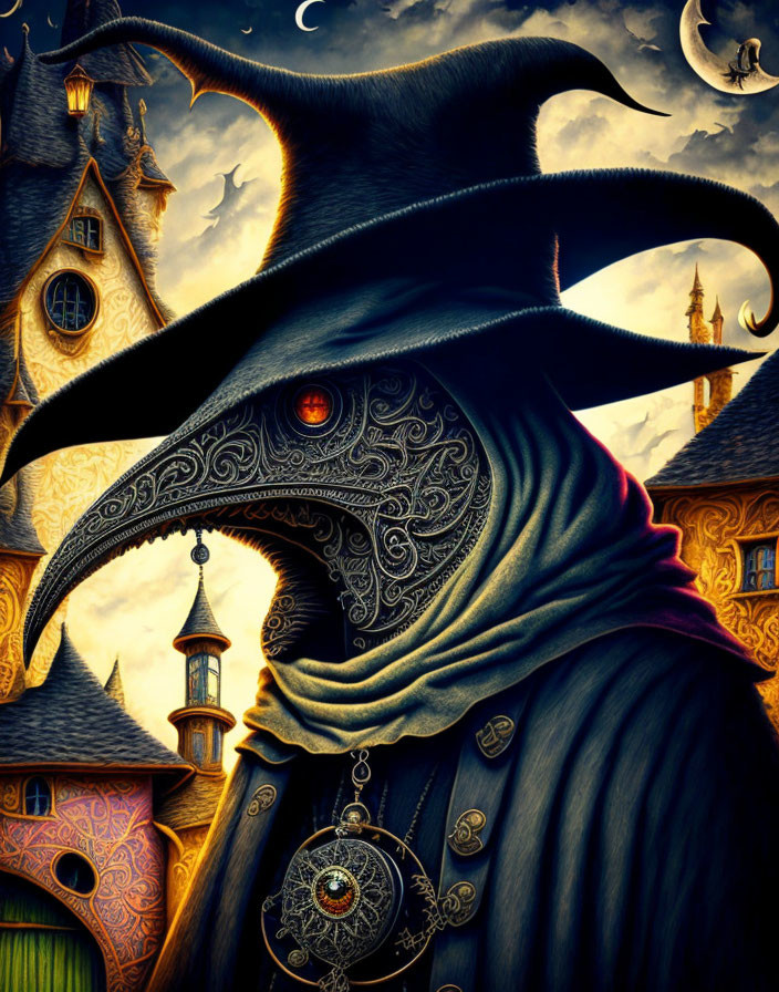 Plague doctor illustration with beaked mask and whimsical backdrop