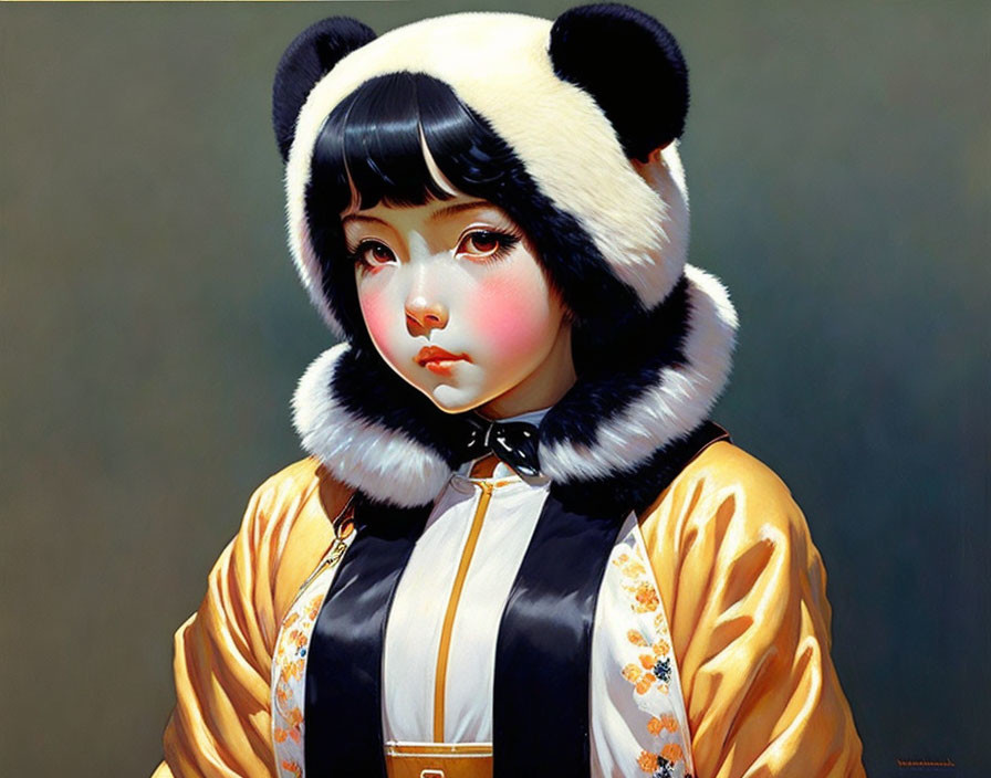 Person with Panda-Themed Hood and Expressive Eyes on Simple Background