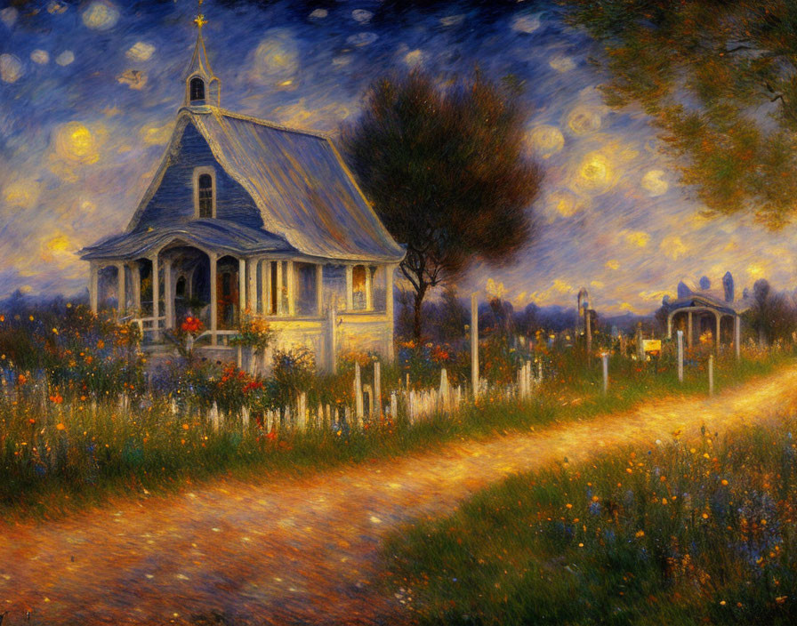 Twilight chapel with blooming garden and starry sky