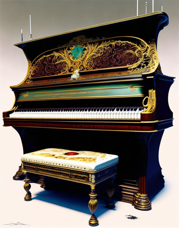 Elaborately decorated grand piano with gold and red details