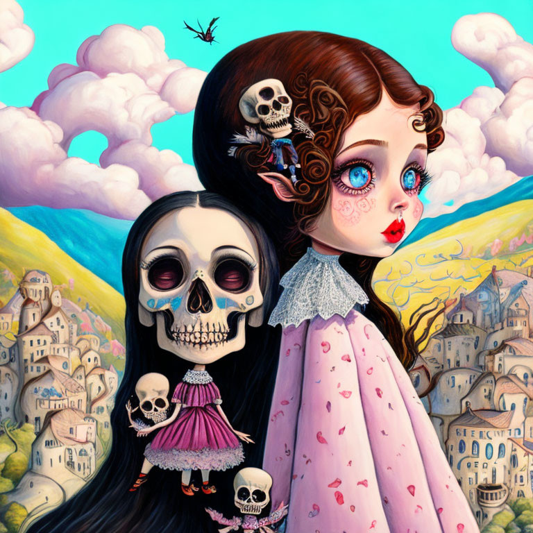 Surreal artwork: girl with oversized eyes and skull with pigtails in whimsical village.