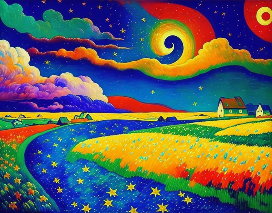 Colorful painting of whimsical countryside landscape with starry sky