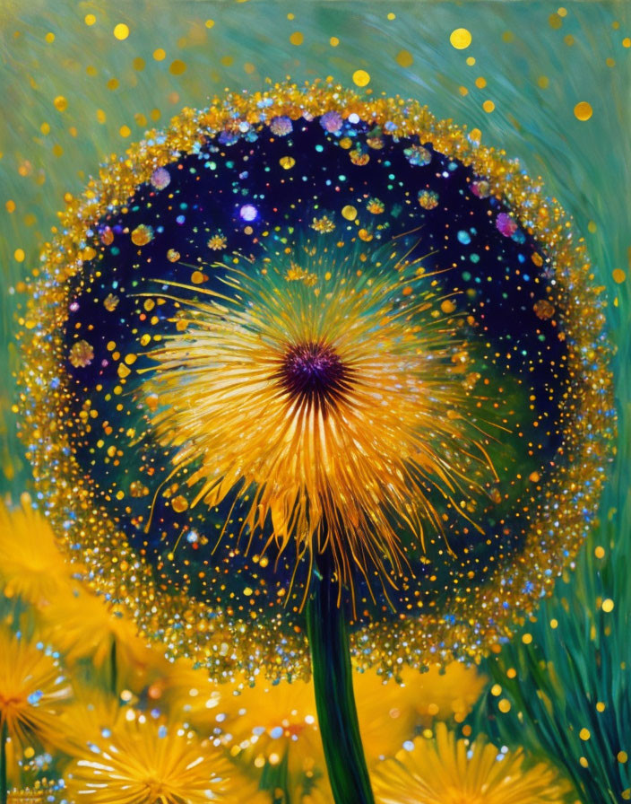 Colorful painting of dandelion with cosmic sphere and glitter on green background