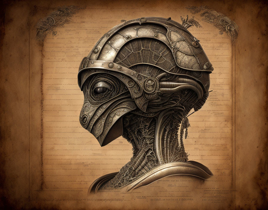 Steampunk-style artwork: Intricate mechanical helmet on gear-infused neck