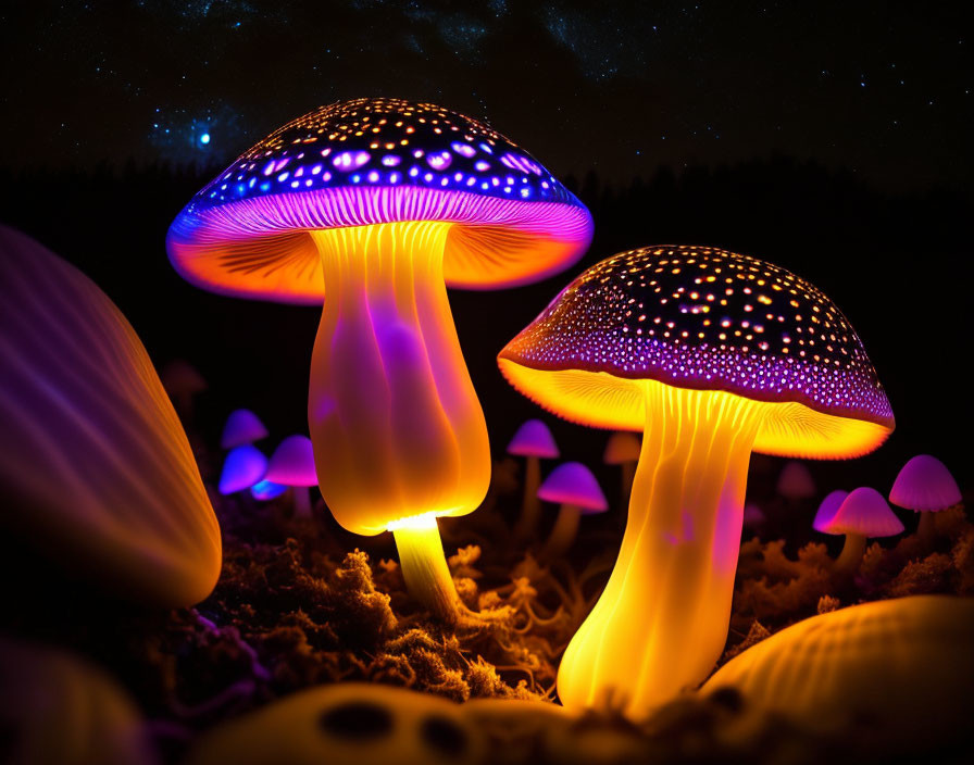 Fantasy-like scene with glowing neon mushrooms under starry sky