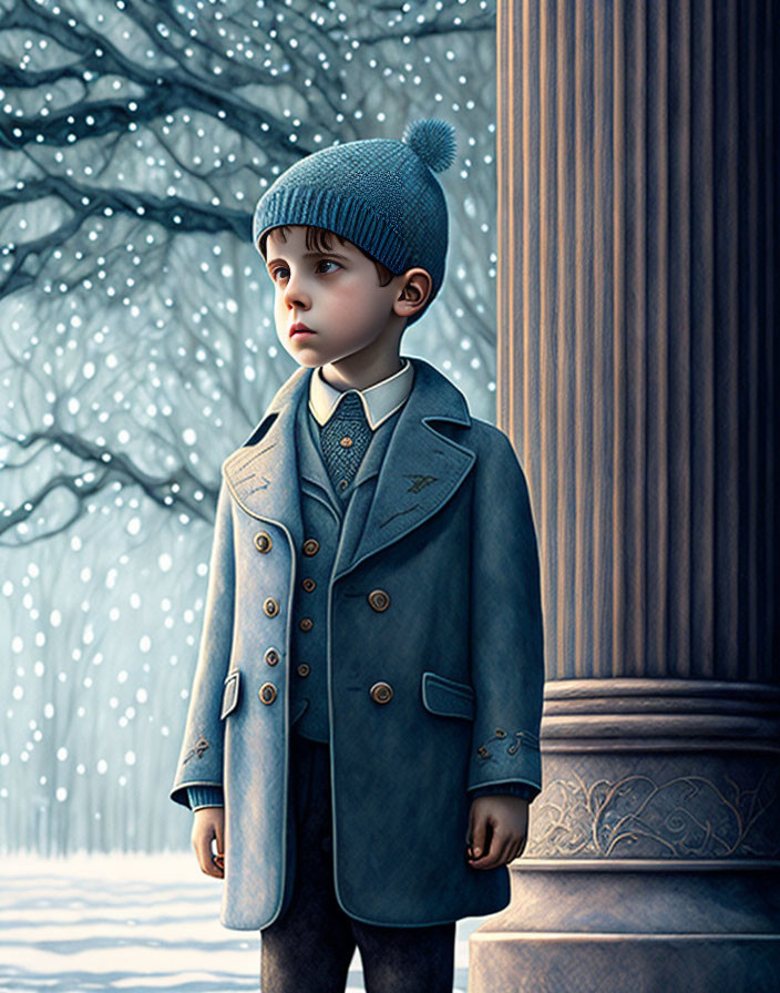 Young animated boy in blue coat and knit hat pensive in snowy setting