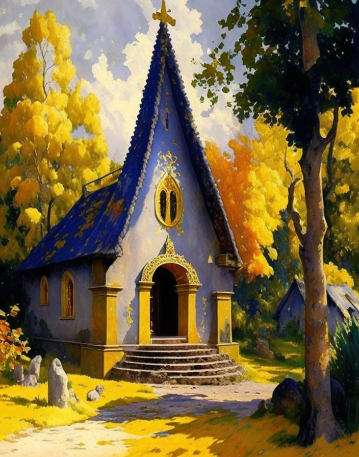 Chapel with Blue Roof Among Golden Autumn Trees