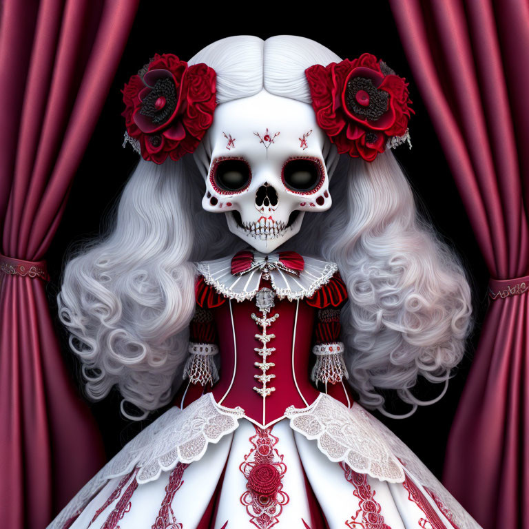 Day of the Dead Female Figure with Skull Makeup and Red Roses in Red and White Gown