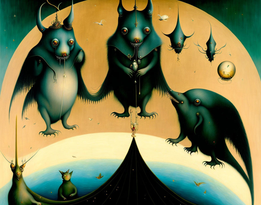 Anthropomorphic bats in surreal painting with fantastical landscape