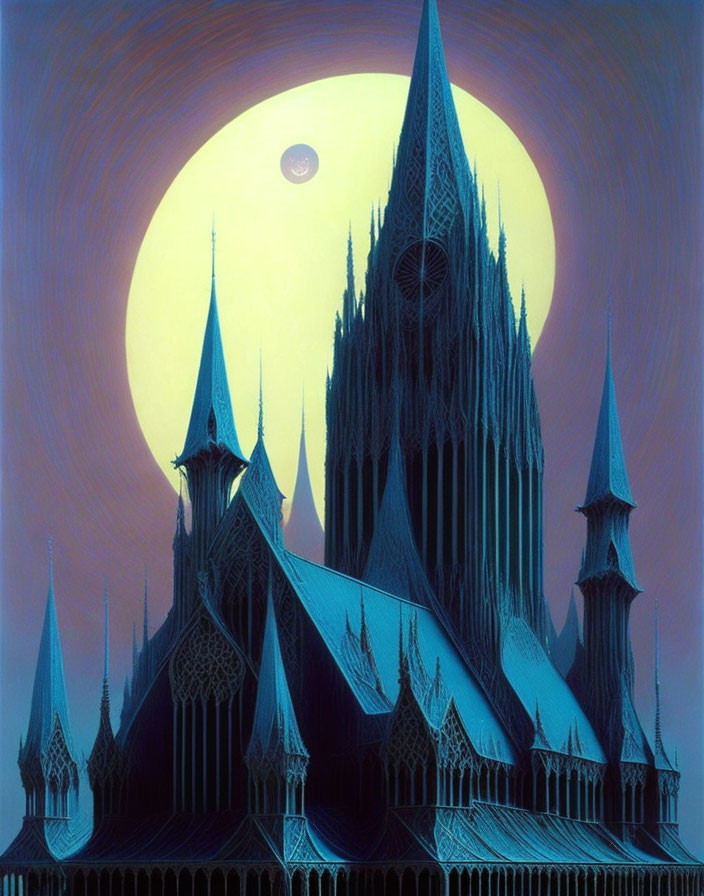 Stylized gothic cathedral under twilight sky with moon and planet