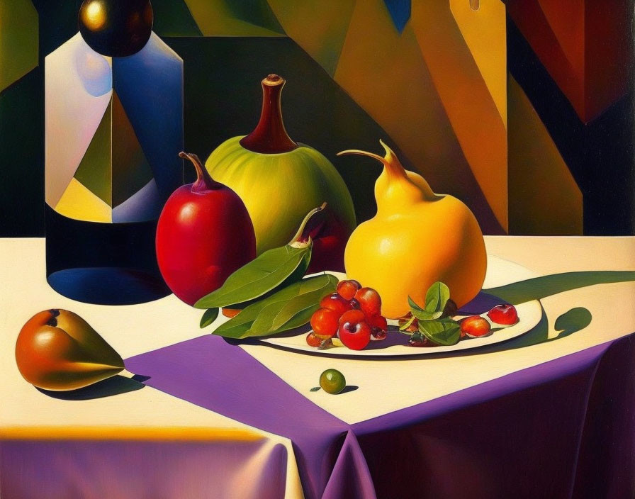 Colorful Still-Life Painting with Fruit and Geometric Background