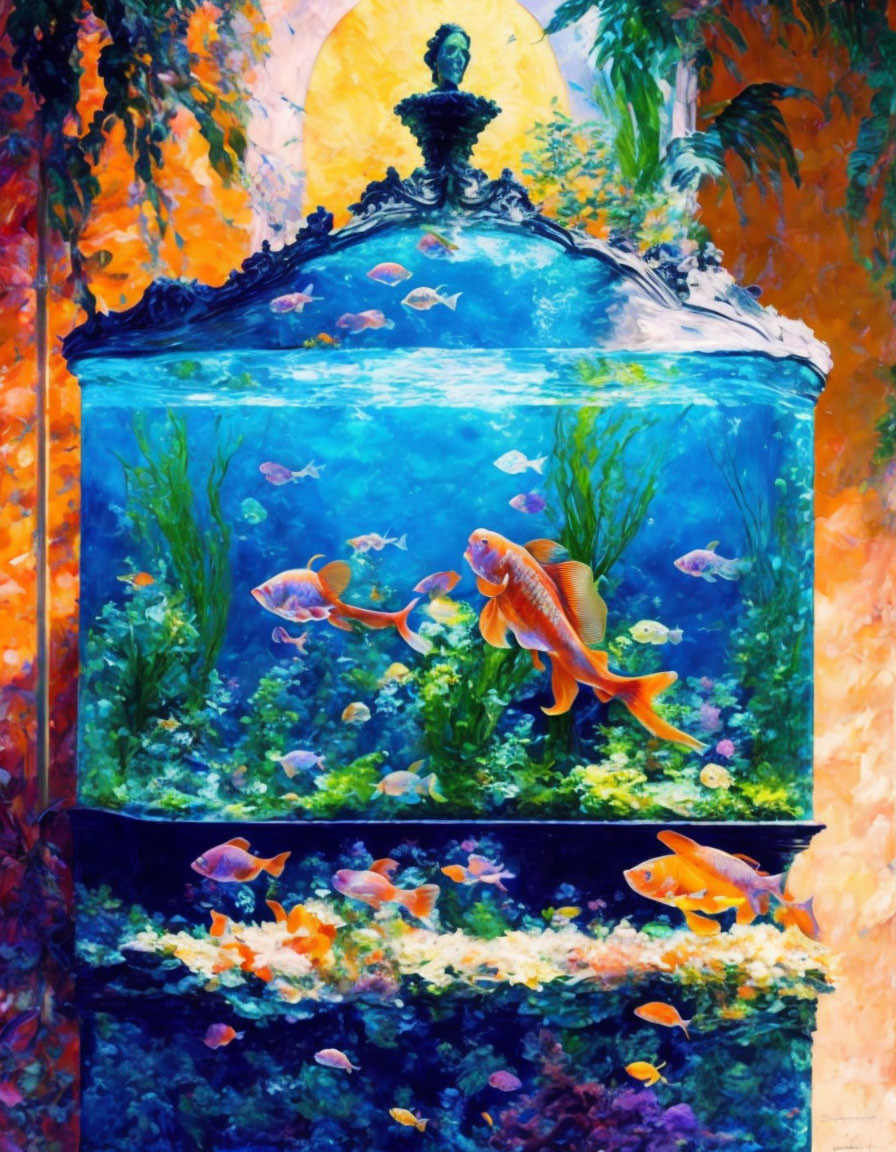 Aquarium painting merges with outdoor scene featuring floating fish under archway