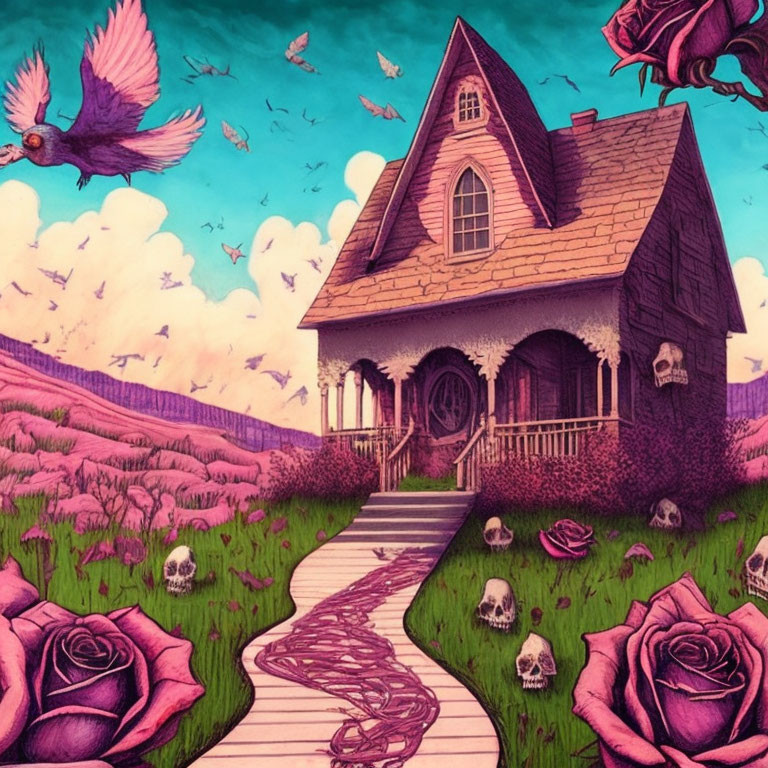 Victorian house illustration with purple roses, birds, and skulls