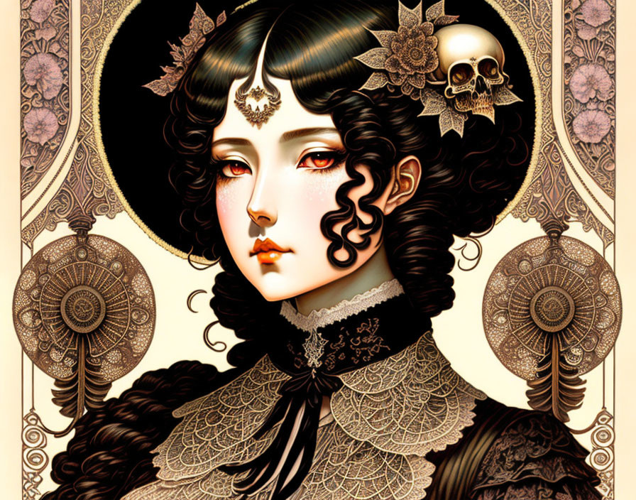 Gothic-themed woman illustration with pale skin and dark curly hair, adorned with lace, skull,