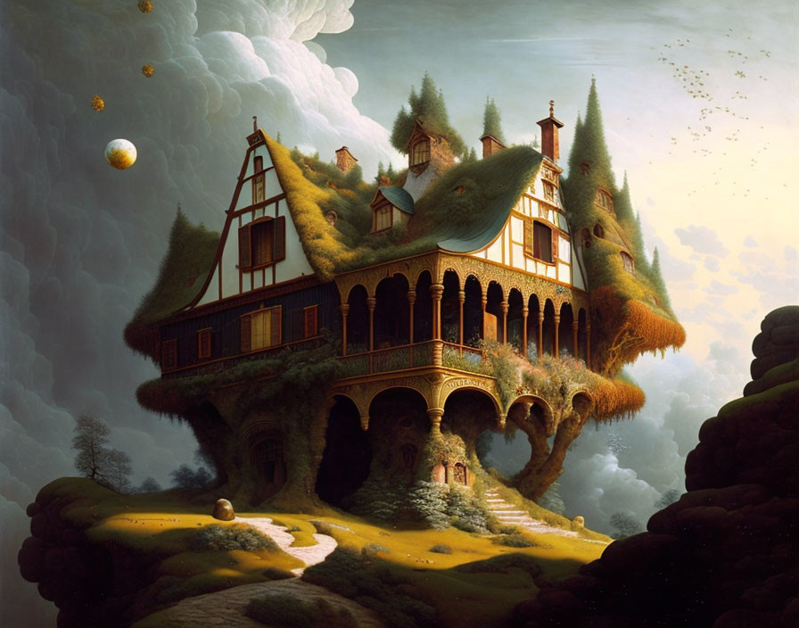 Fantastical house on tree-like structure in surreal setting