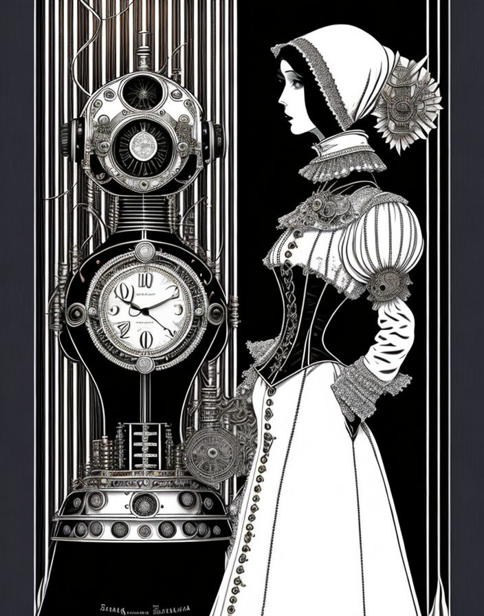 Monochrome steampunk and Victorian woman illustration with clockwork machinery