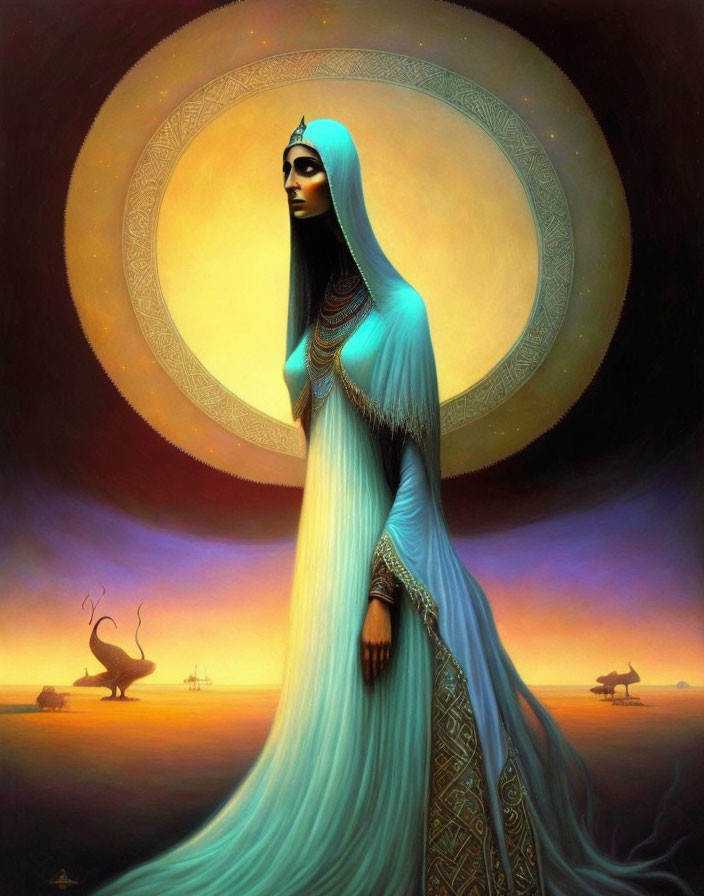 Mystical figure in blue robe with golden halo and sunset backdrop.