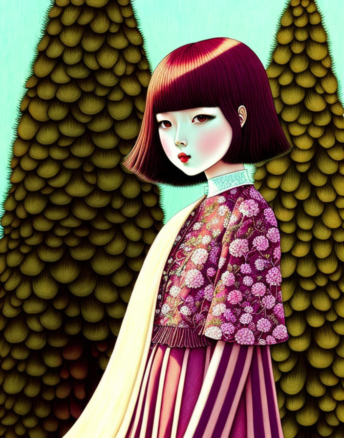 Traditional Japanese attire woman with bob haircut in front of stylized pine trees