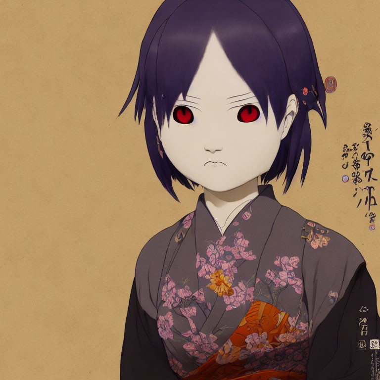 Purple-haired anime character in kimono with red eyes on beige background.