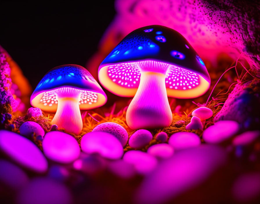 Neon blue and pink glowing mushrooms in surreal setting