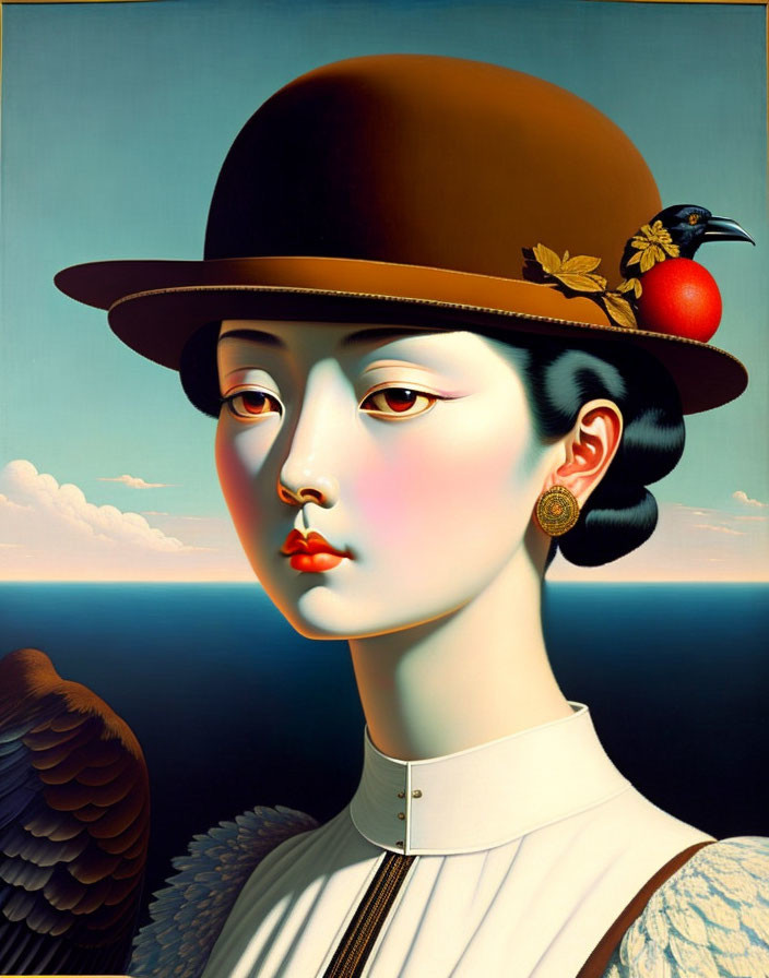 Surreal portrait of woman in hat with bird against sea and sky