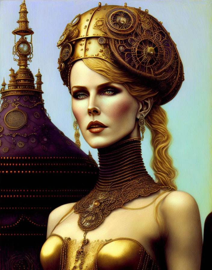 Detailed Steampunk Woman Illustration with Gold & Mechanical Elements