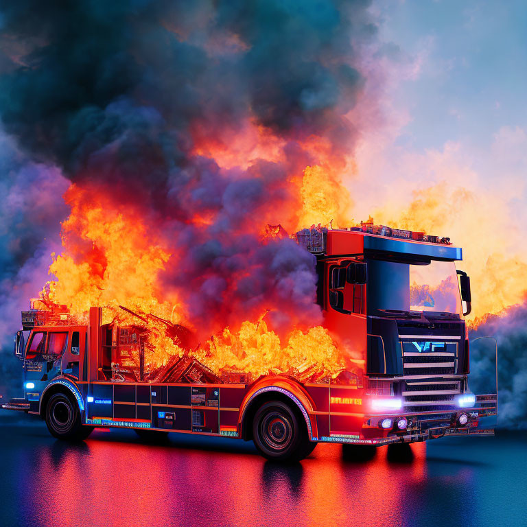 Fire truck parked in front of massive blaze with vibrant flames and smoke.