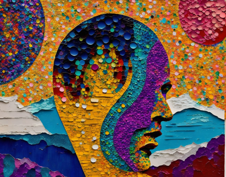 Vibrant abstract human profile with textured circles on colorful background