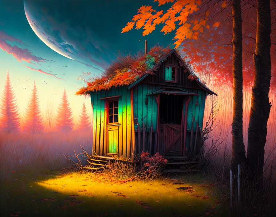 Colorful Wooden Cabin in Misty Forest Clearing at Twilight