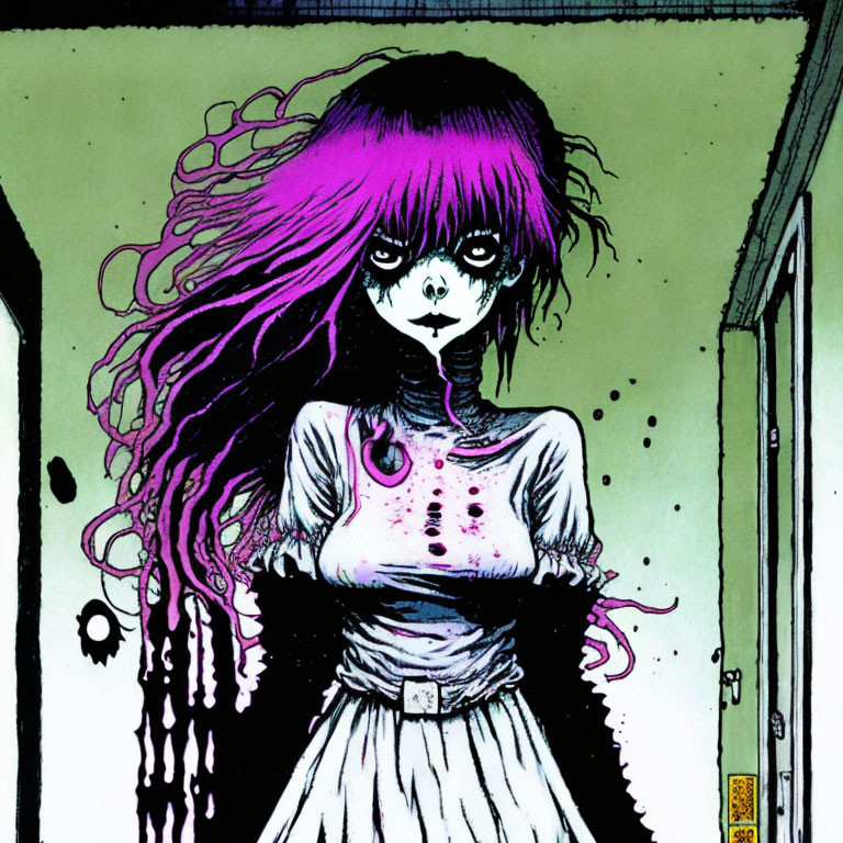 Illustration of girl with purple hair in dimly lit, creepy room