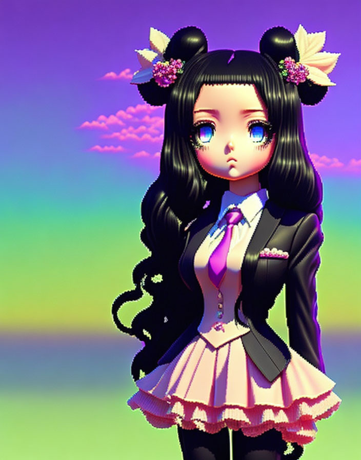 Anime girl with twin buns & big eyes in black & pink uniform on colorful backdrop