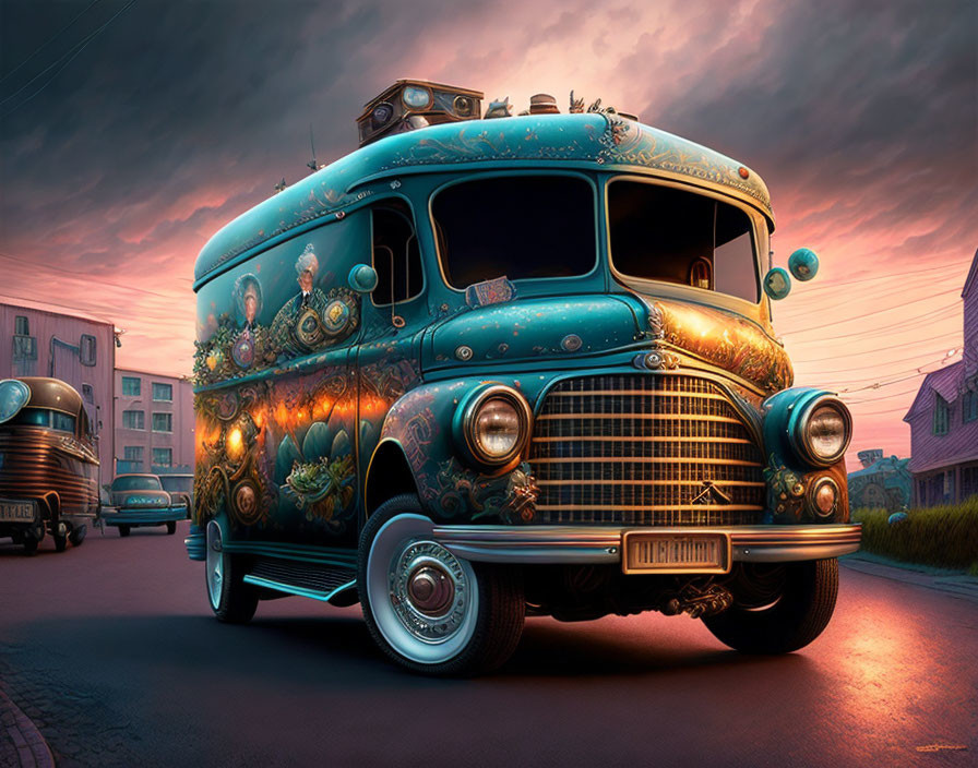 Vintage turquoise and gold retro-futuristic bus parked on street at dusk