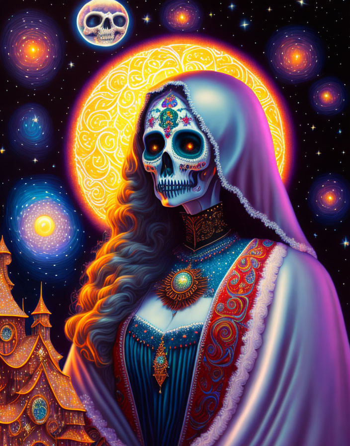 Colorful Day of the Dead-themed skeletal figure in elegant attire on cosmic backdrop.