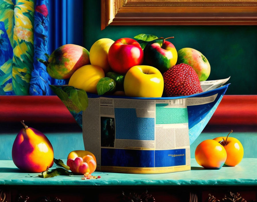 Colorful still life with fruit bowl on newspaper against draped curtain