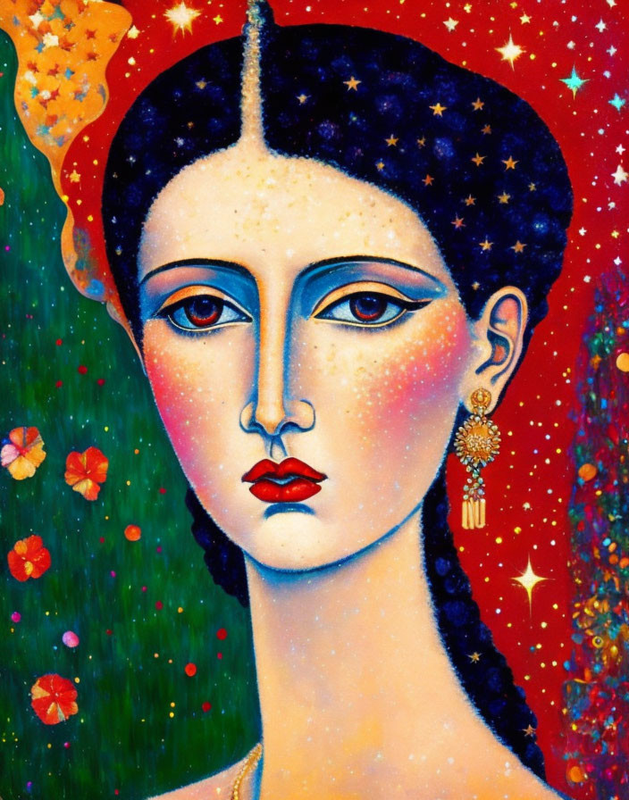 Colorful portrait of stylized woman with celestial elements and vibrant flowers