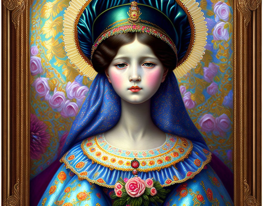 Digital artwork of solemn female figure in ornate attire against floral backdrop